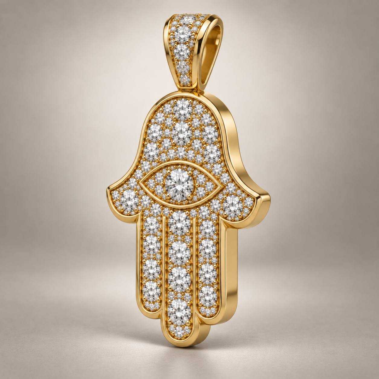 Custom gold and diamond Hamsa pendant front view