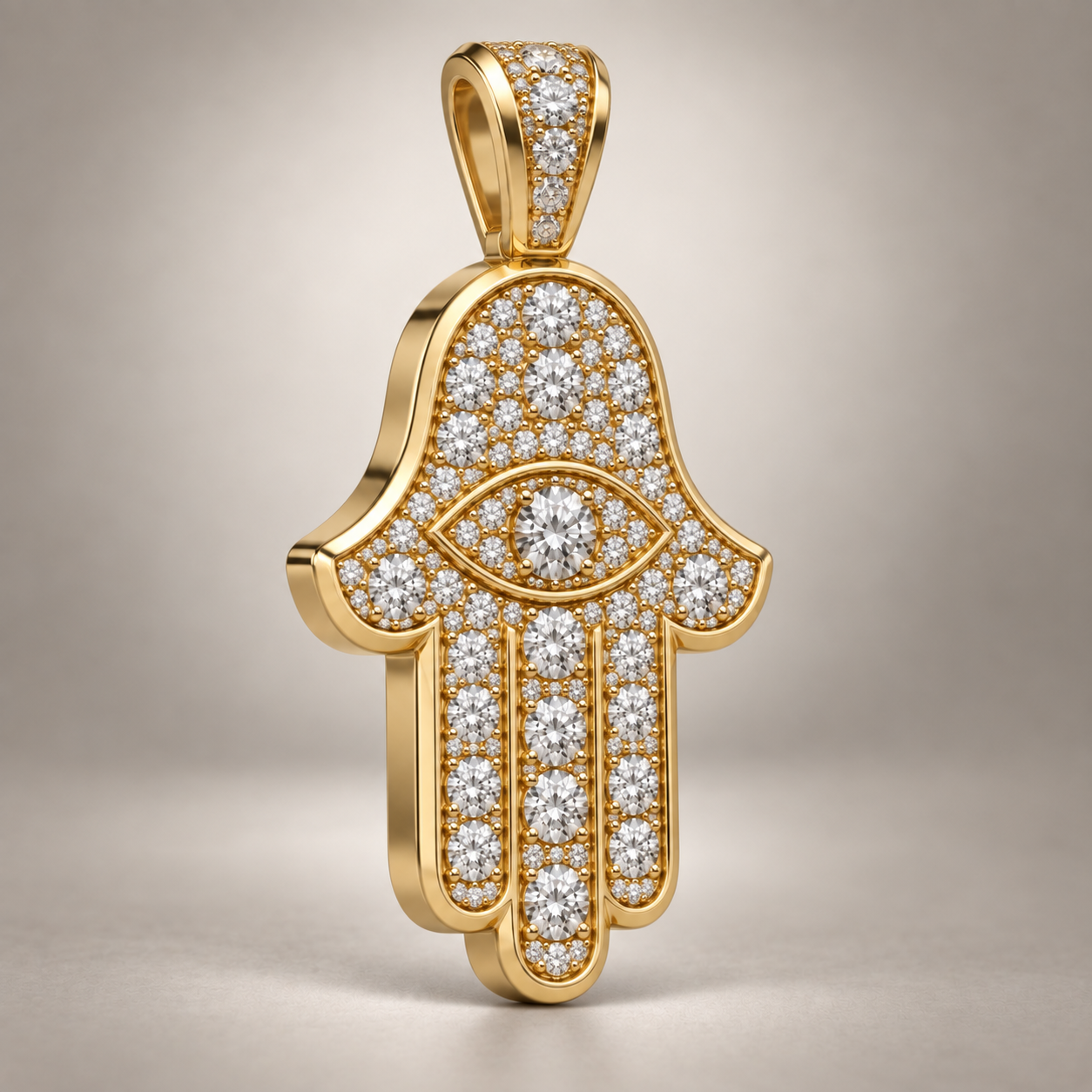 Custom gold and diamond Hamsa pendant angled view