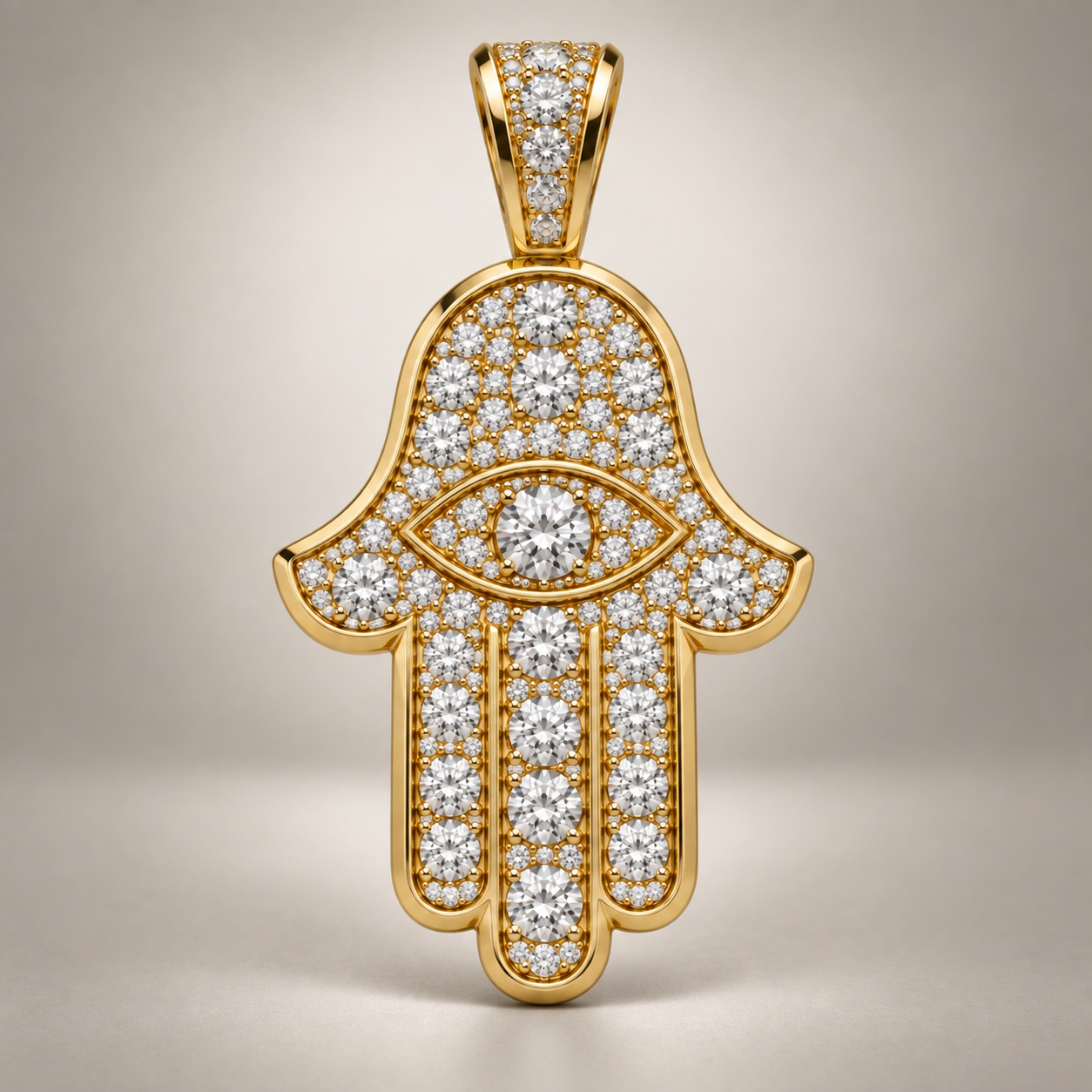 Custom gold and diamond Hamsa pendant detail view