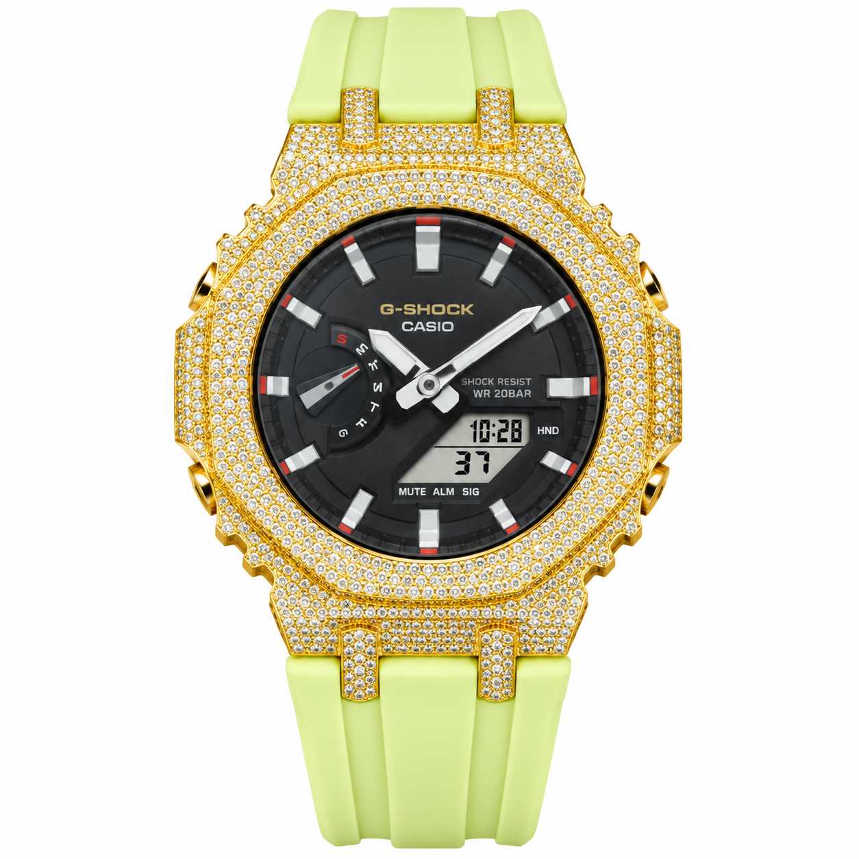 Iced Out Moissanite G-Shock Watch – Yellow Gold Bezel, Lime Green Band – Front view