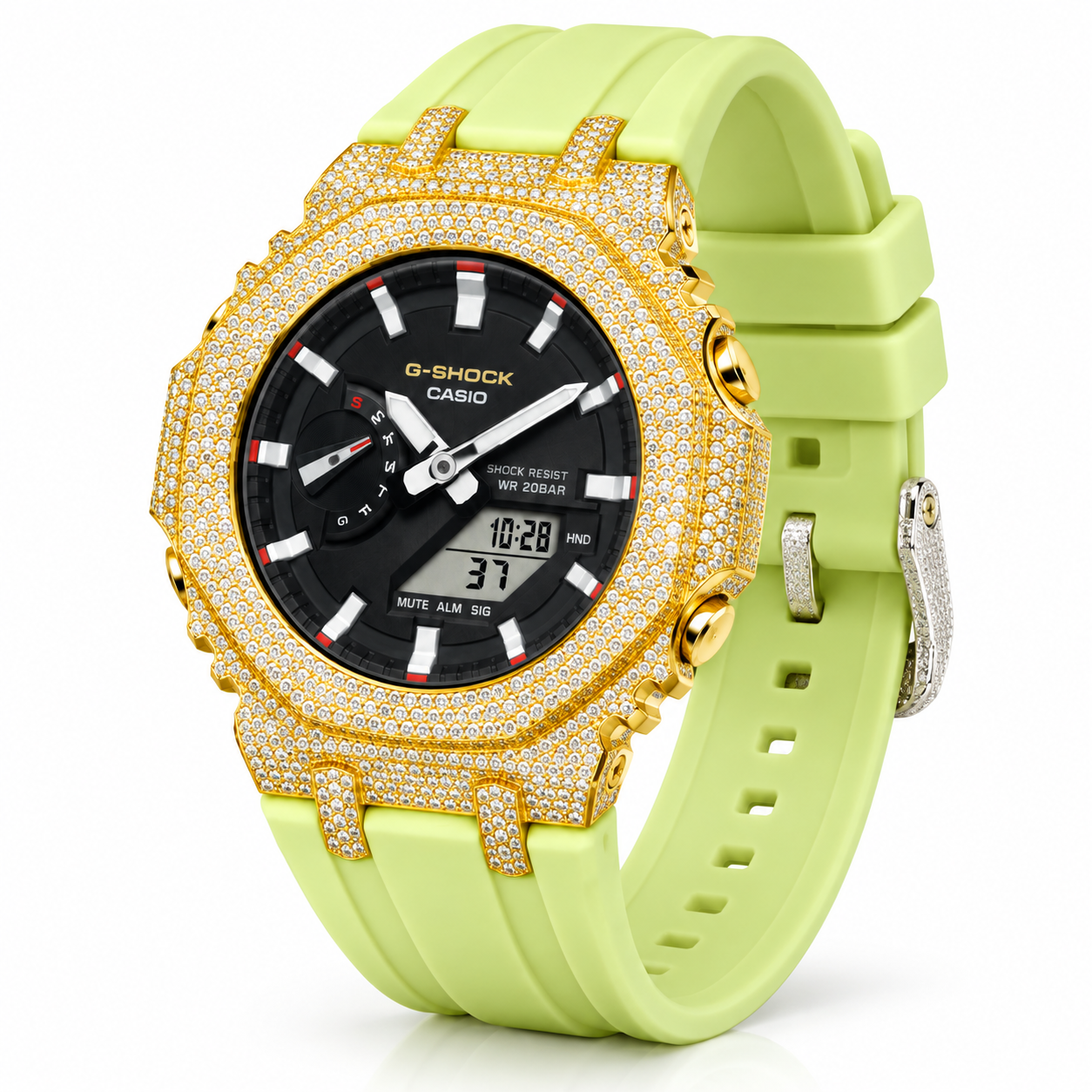 Iced Out Moissanite G-Shock Watch – Yellow Gold Bezel, Lime Green Band – Three-quarter view