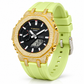 Iced Out Moissanite G-Shock Watch – Yellow Gold Bezel, Lime Green Band – Three-quarter view