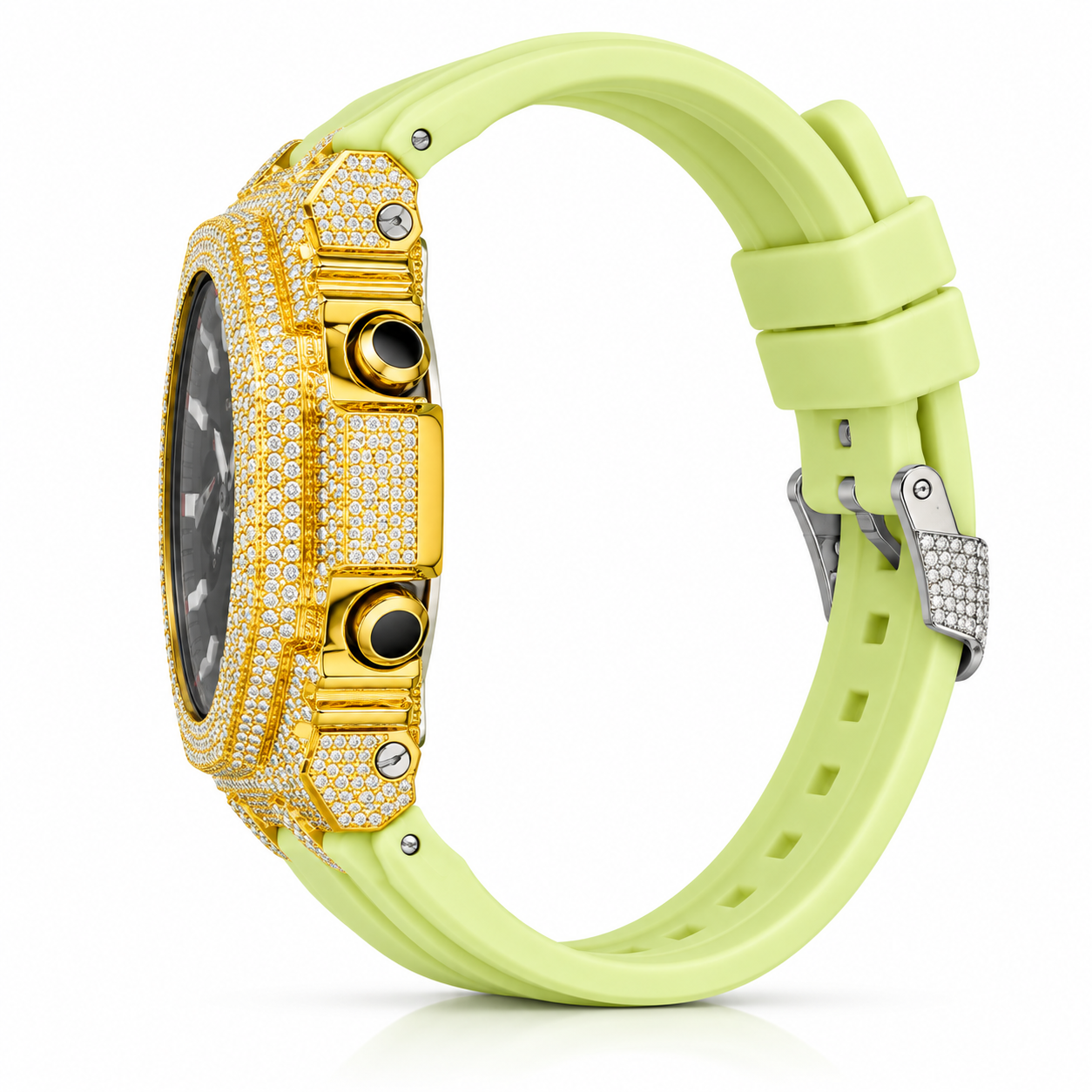 Iced Out Moissanite G-Shock Watch – Yellow Gold Bezel, Lime Green Band – Side profile view