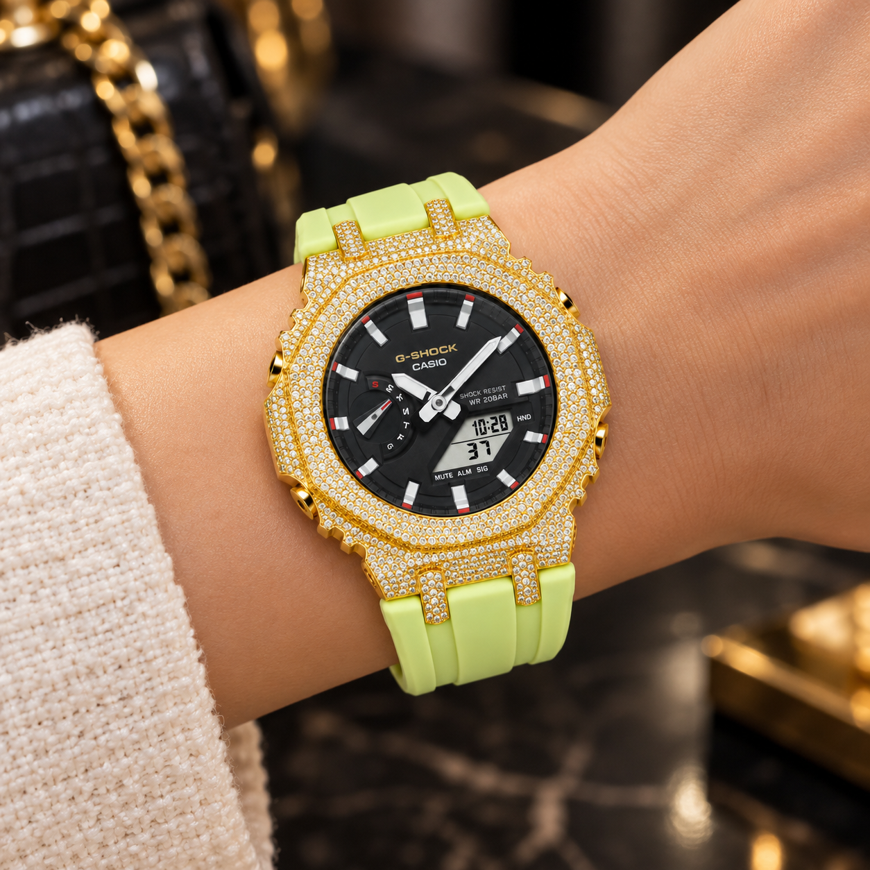 Iced Out Moissanite G-Shock Watch – Yellow Gold Bezel, Lime Green Band – Women's wrist view