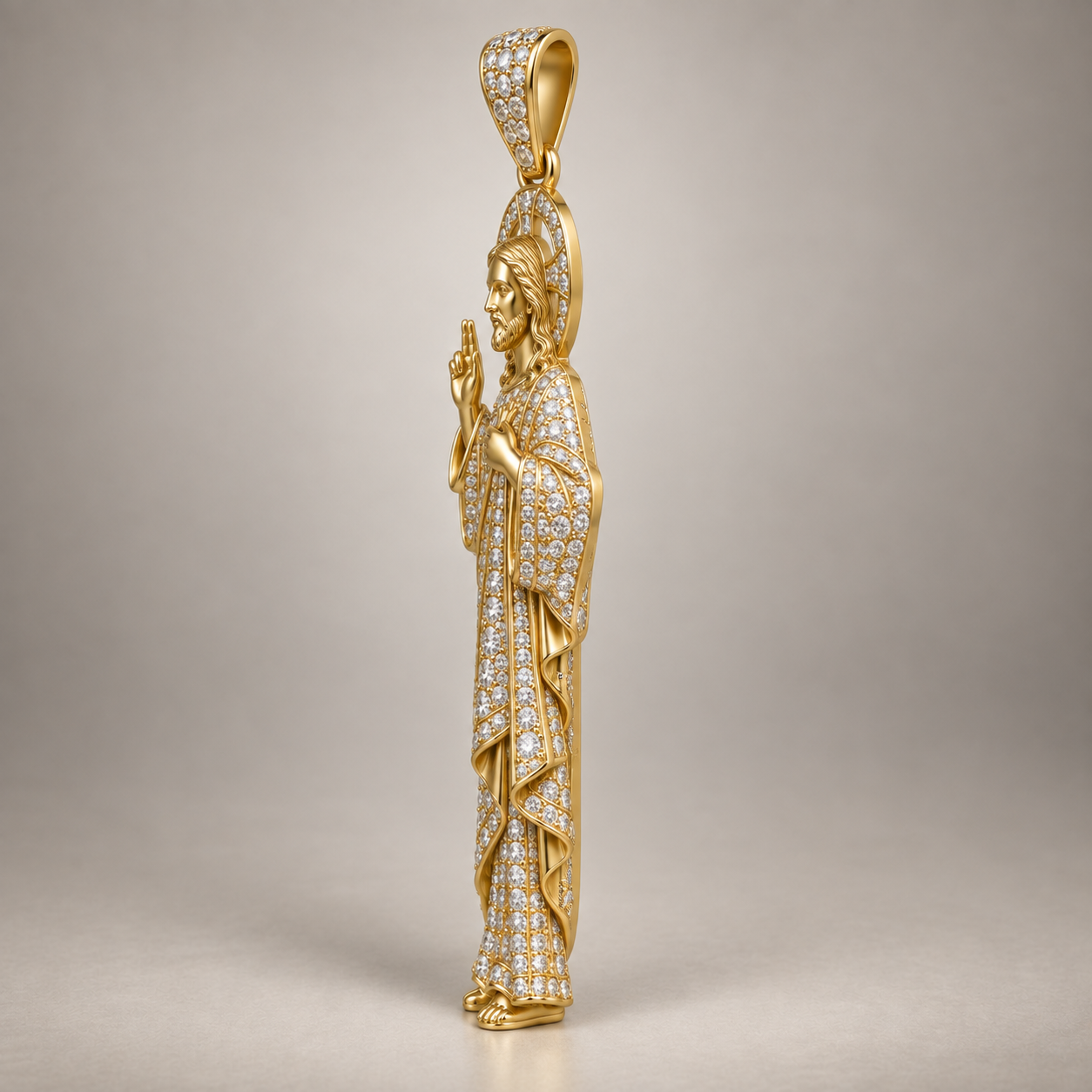 Custom gold and diamond Jesus full figure pendant side profile
