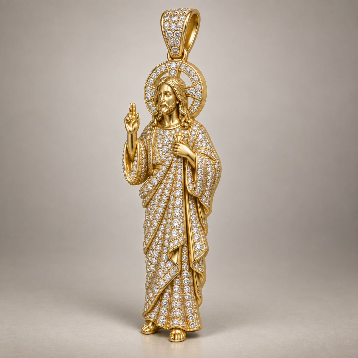 Custom gold and diamond Jesus full figure pendant front view