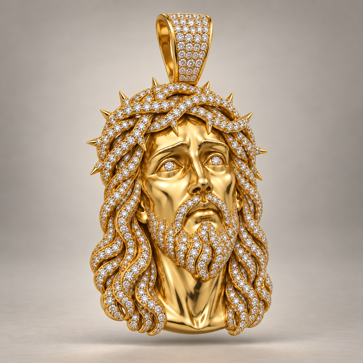 Custom gold and diamond Jesus head pendant front view