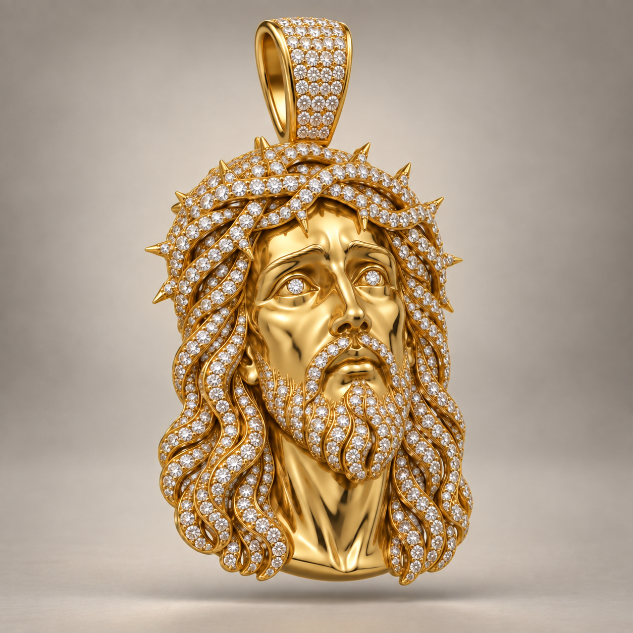 Custom gold and diamond Jesus head pendant angled view