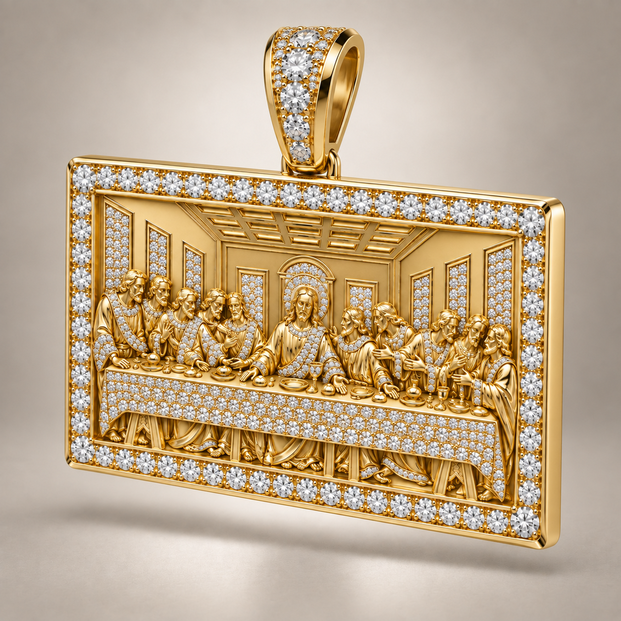 Custom gold and diamond Last Supper pendant angled view