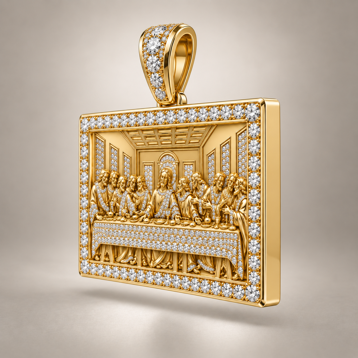 Custom gold and diamond Last Supper pendant front view