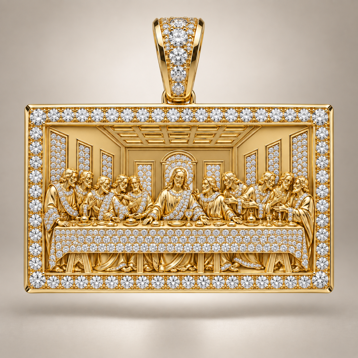 Custom gold and diamond Last Supper pendant detail view