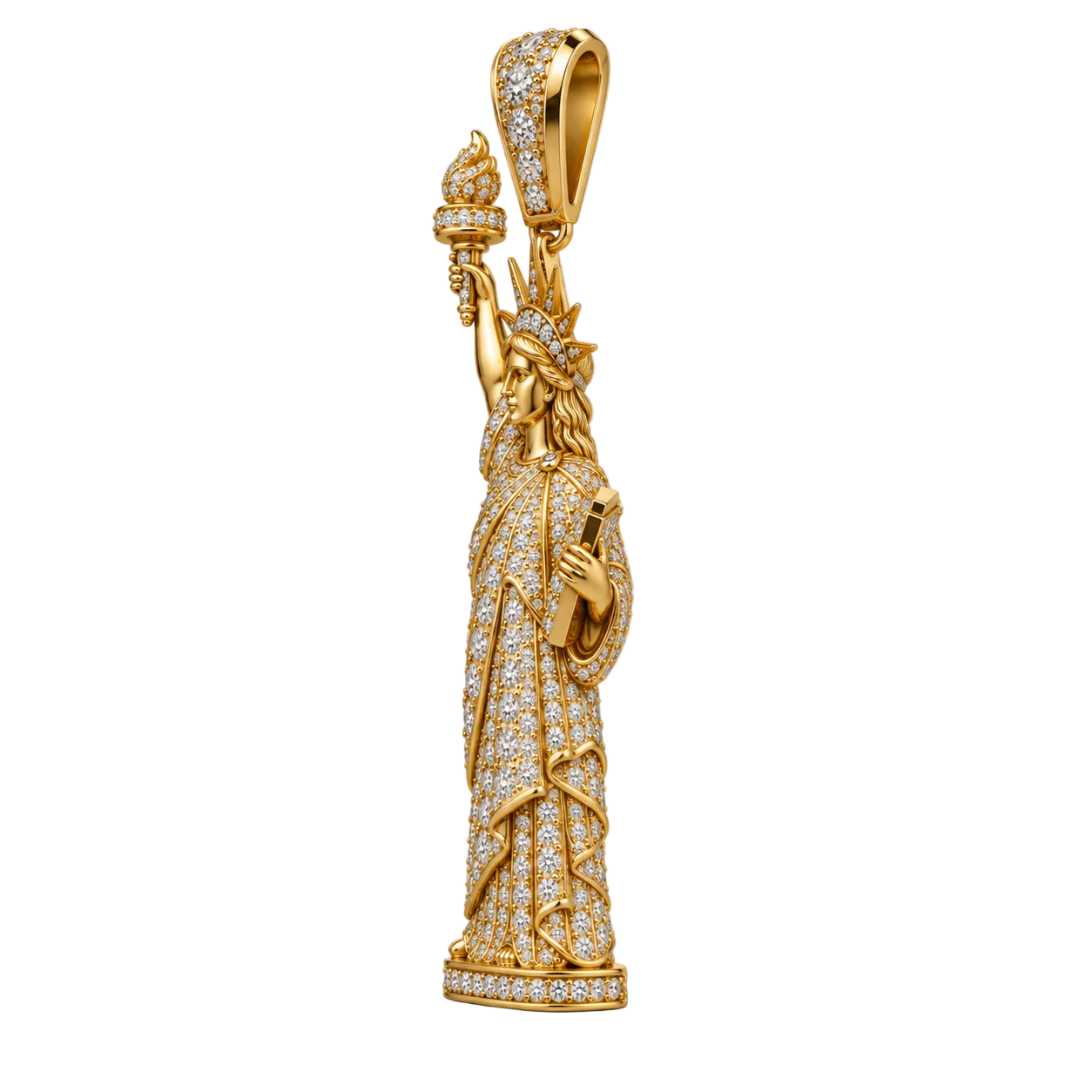 Custom gold and diamond Statue of Liberty pendant side profile