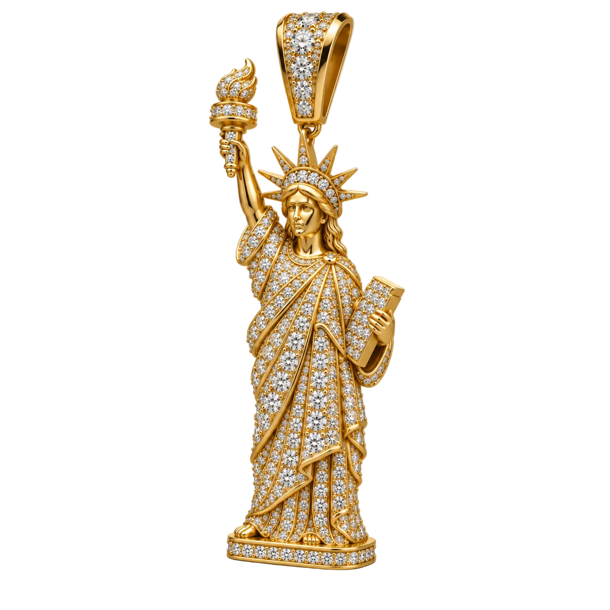 Custom gold and diamond Statue of Liberty pendant front view