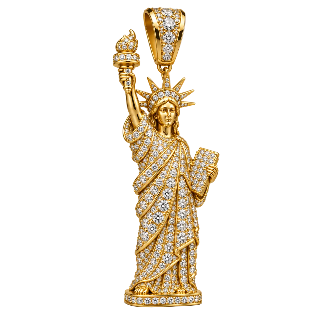 Custom gold and diamond Statue of Liberty pendant angled view