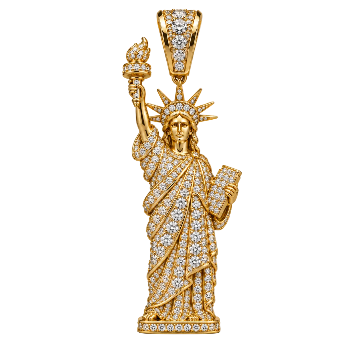 Custom gold and diamond Statue of Liberty pendant detail view