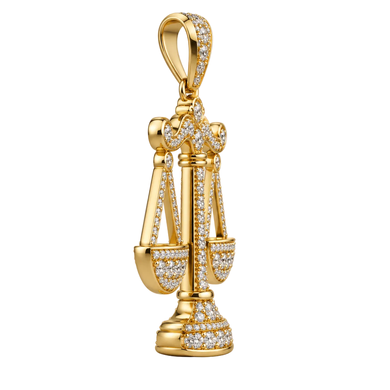 Custom gold and diamond Libra Scales pendant side profile