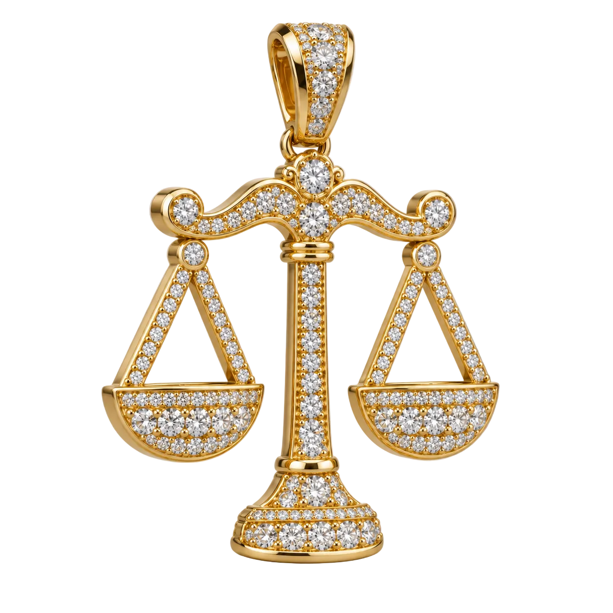 Custom gold and diamond Libra Scales pendant angled view
