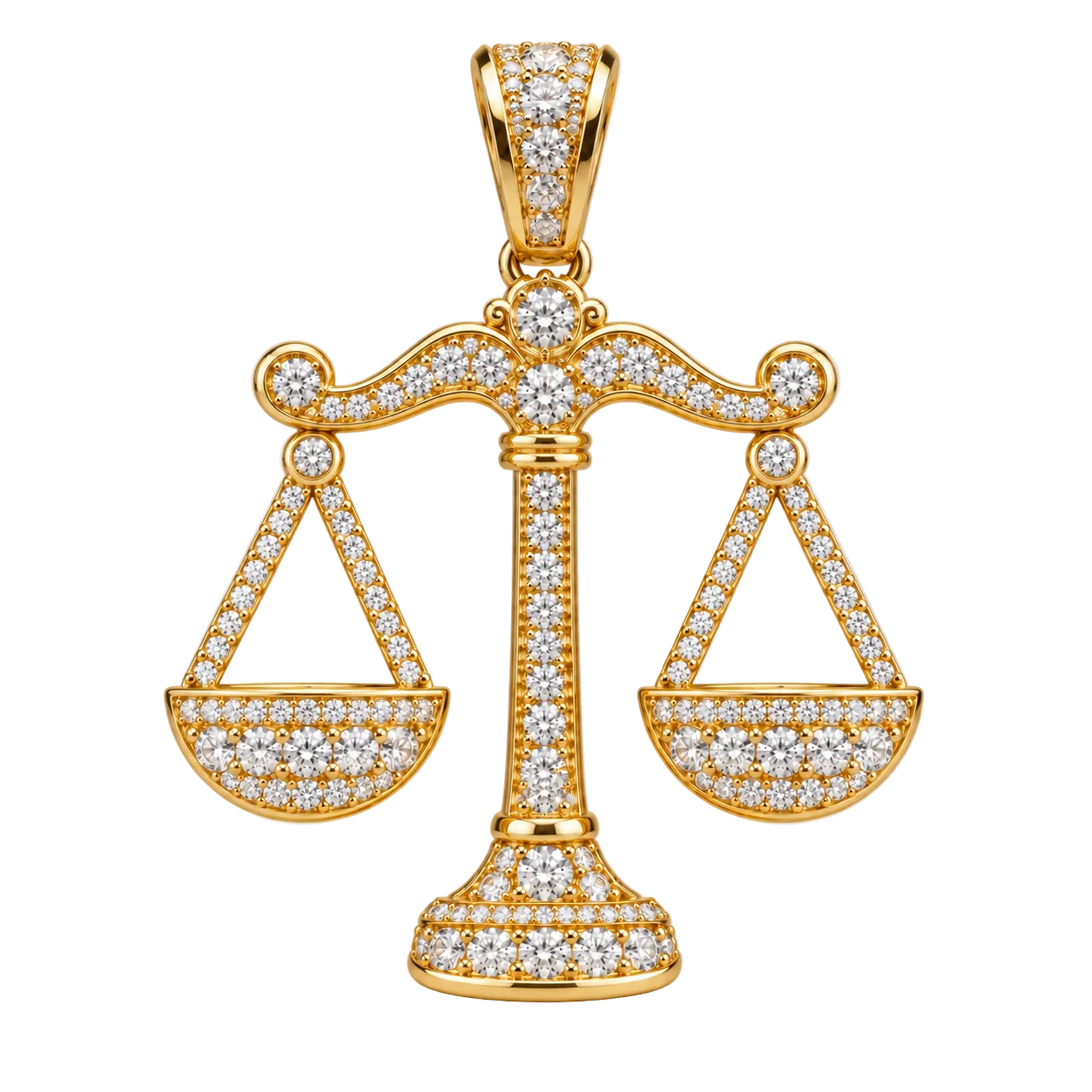 Custom gold and diamond Libra Scales pendant detail view