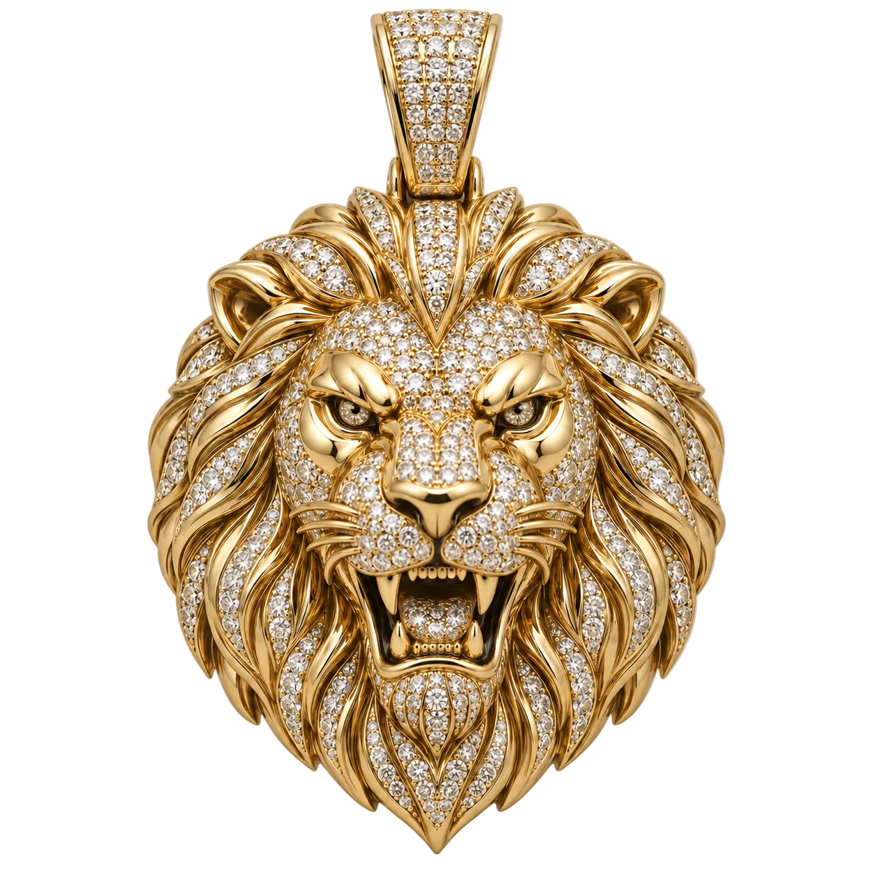 Custom gold and diamond Lion Head pendant front view