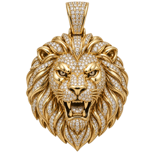 Custom gold and diamond Lion Head pendant front view