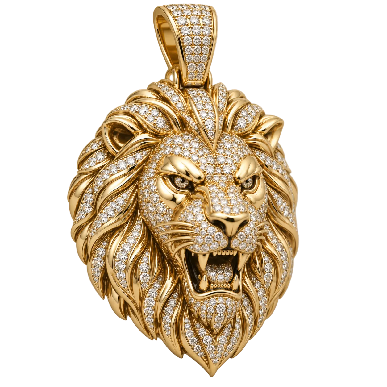 Custom gold and diamond Lion Head pendant angled view