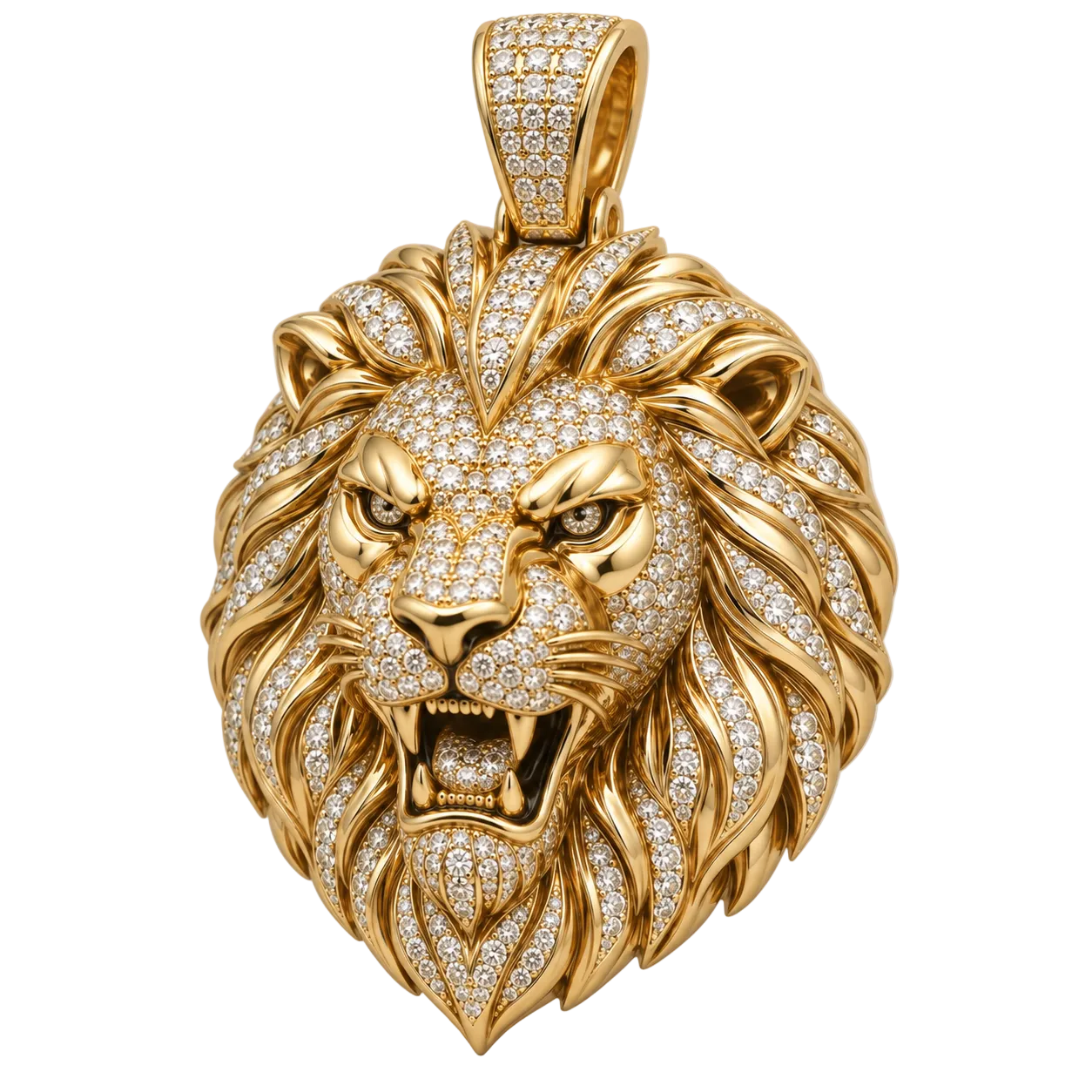 Custom gold and diamond Lion Head pendant detail view