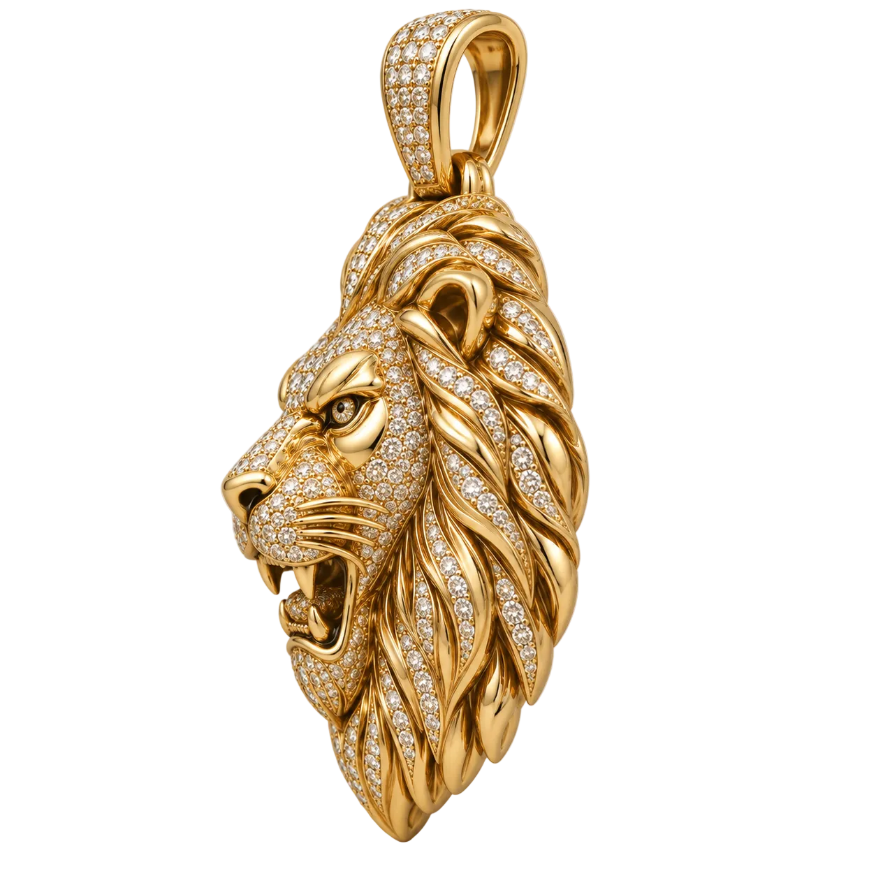 Custom gold and diamond Lion Head pendant side profile