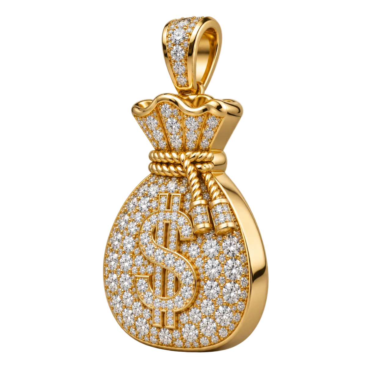 Custom gold and diamond Money Bag pendant front view