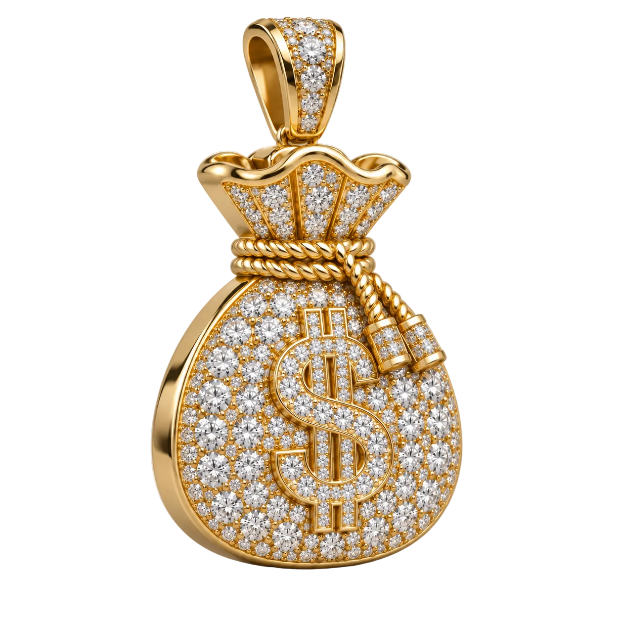 Custom gold and diamond Money Bag pendant angled view