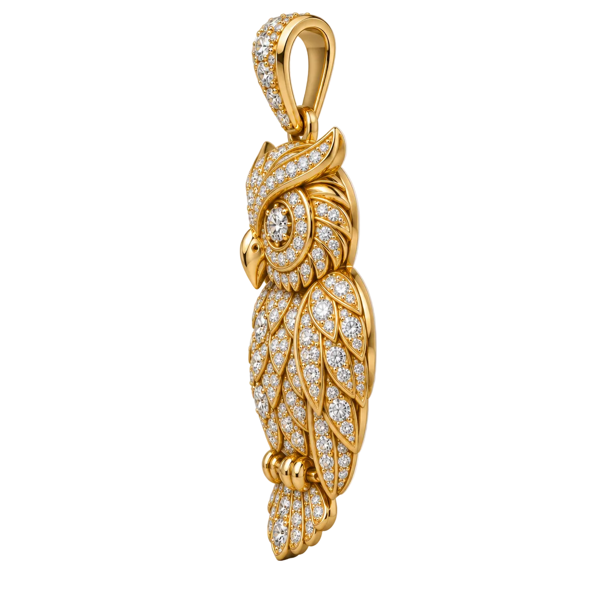 Custom gold and diamond Owl pendant side profile