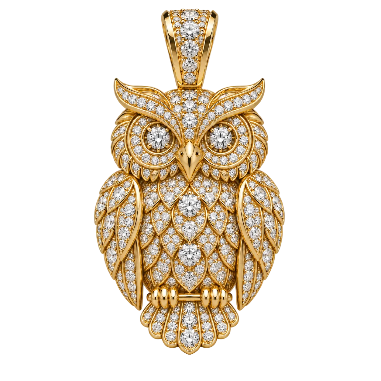 Custom gold and diamond Owl pendant detail view