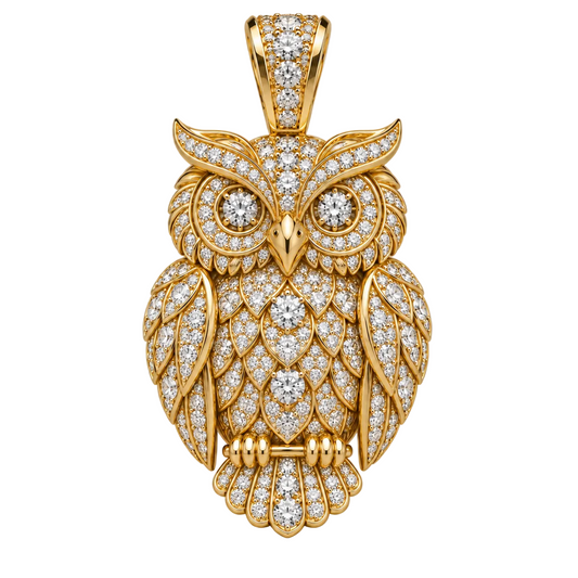 Custom gold and diamond Owl pendant detail view