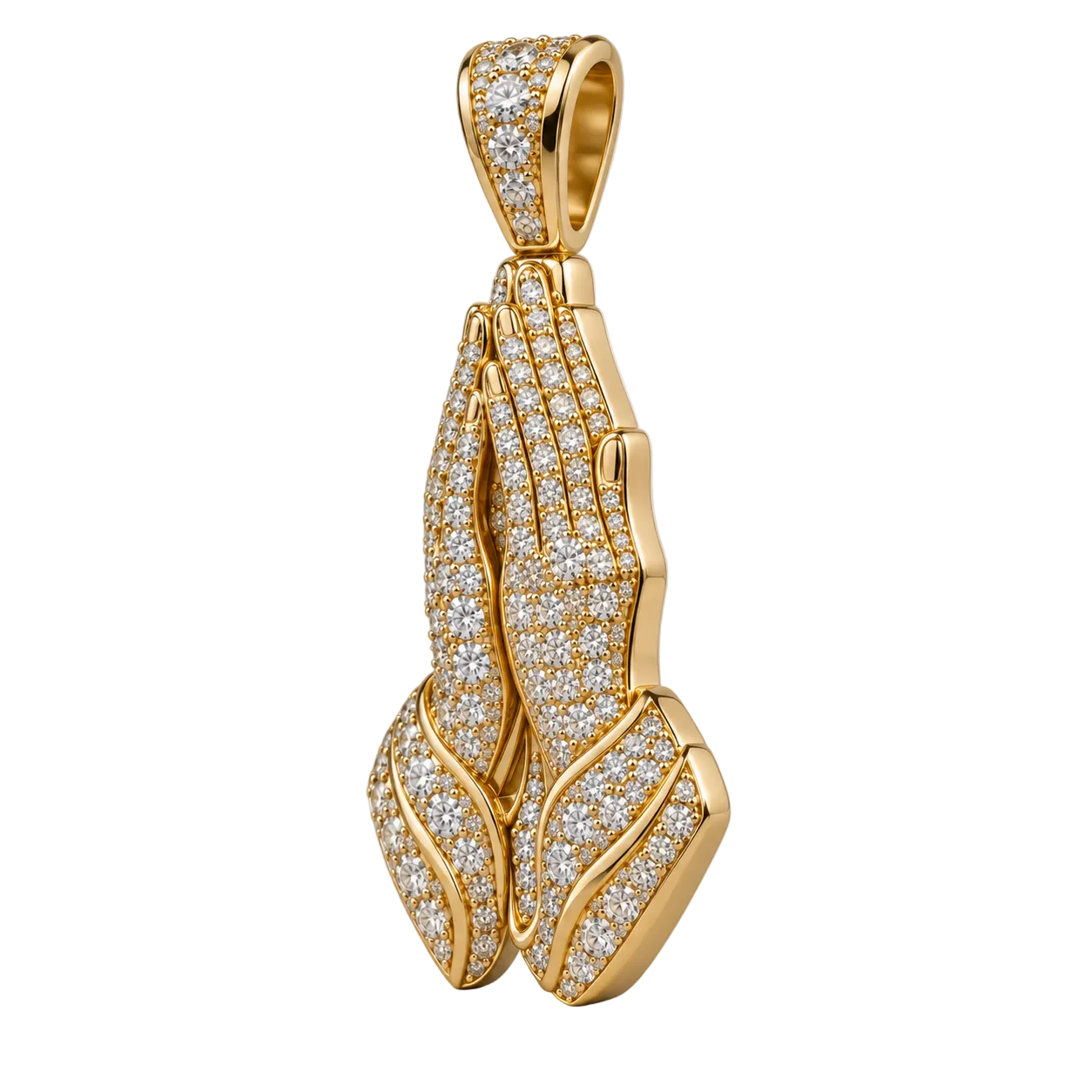 Custom gold and diamond Praying Hands pendant side profile