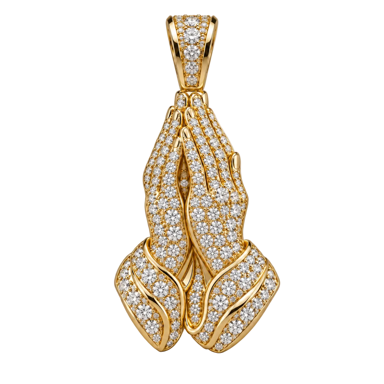 Custom gold and diamond Praying Hands pendant angled view