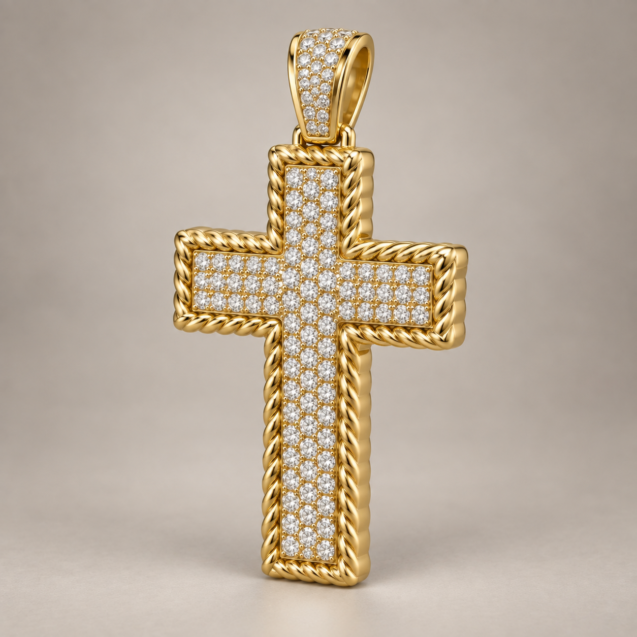 Custom gold and diamond Rope Bezel Cross pendant front view