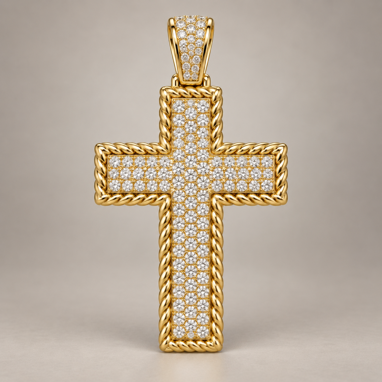 Custom gold and diamond Rope Bezel Cross pendant angled view