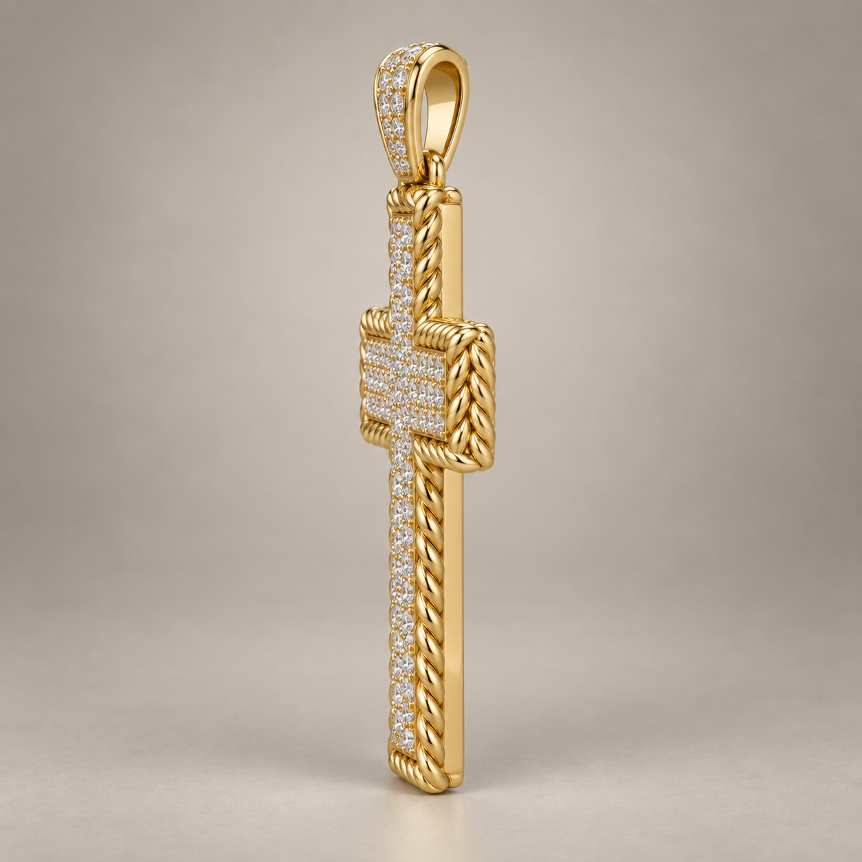 Custom gold and diamond Rope Bezel Cross pendant side profile