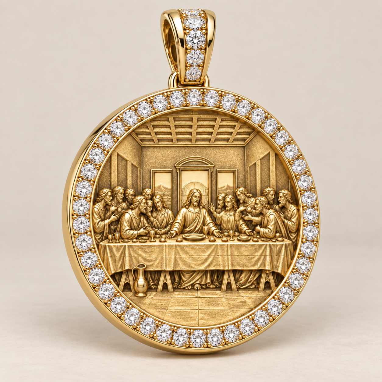 Custom gold and diamond Round Last Supper pendant front view