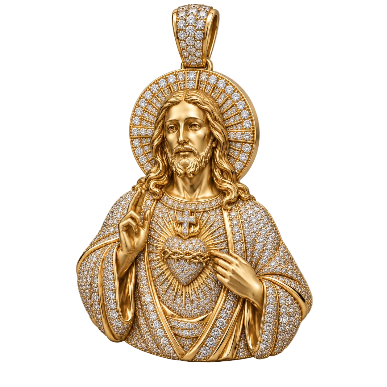 Custom gold and diamond Sacred Heart pendant front view