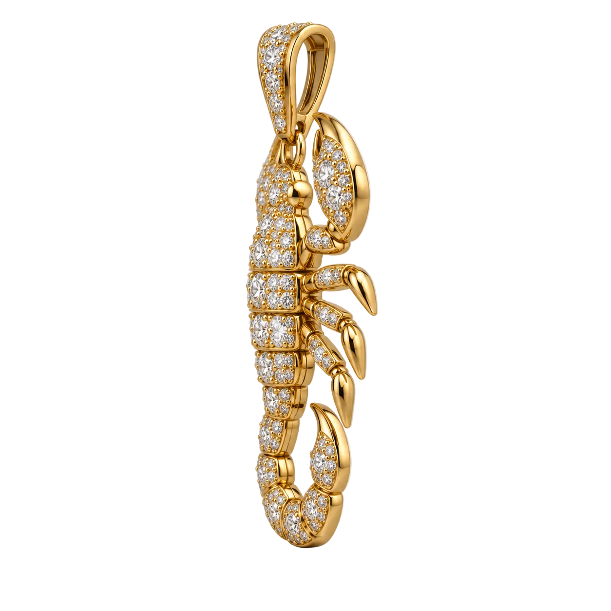Custom gold and diamond Scorpion pendant side profile