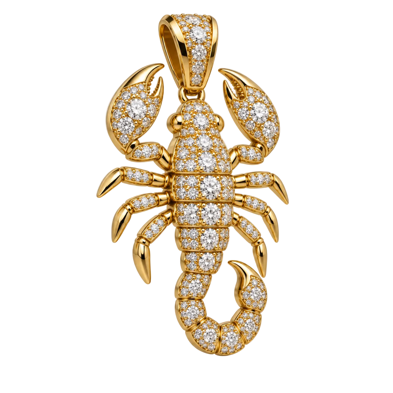 Custom gold and diamond Scorpion pendant angled view