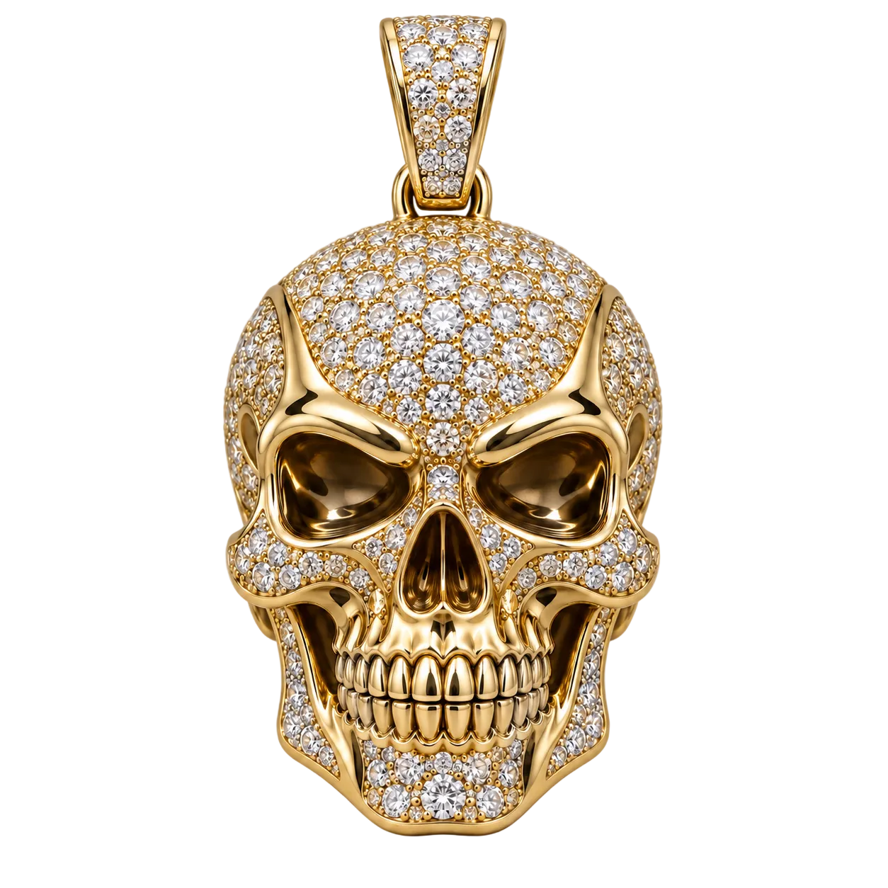 Custom gold and diamond Skull pendant detail view