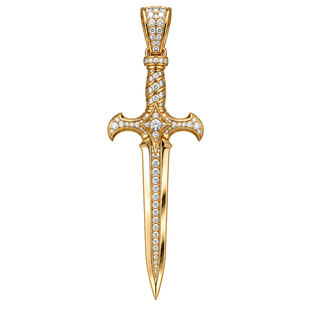 Custom gold and diamond Sword pendant detail view