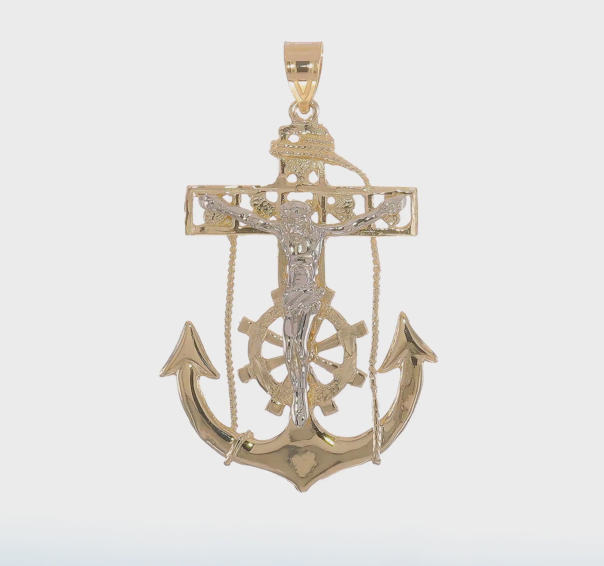 14K two-tone gold large mariner link crucifix pendant 56 mm video - C1419