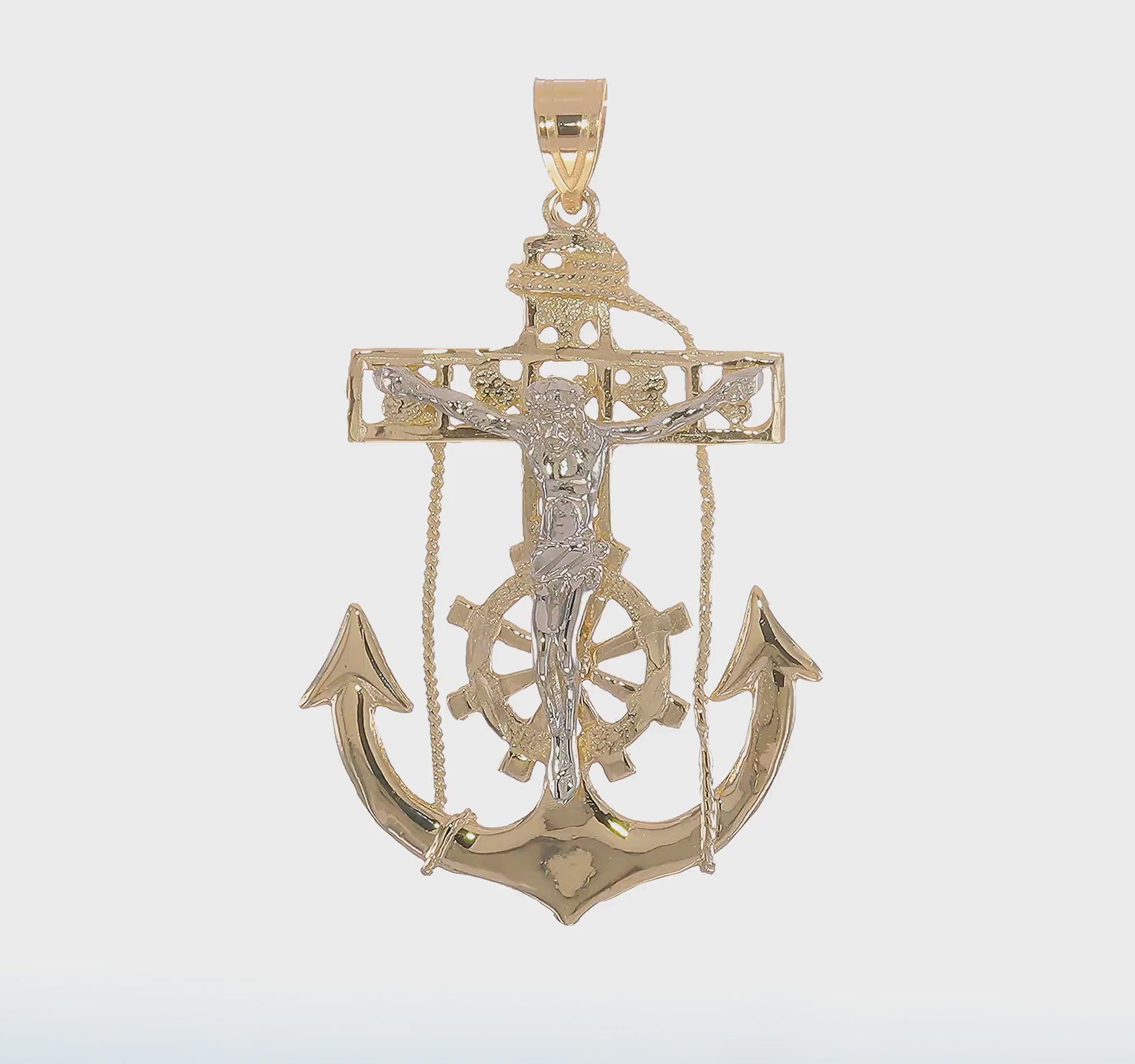 14K two-tone gold large mariner link crucifix pendant 56 mm video - C1419