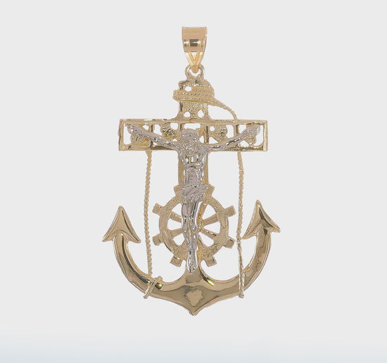 14K two-tone gold large mariner link crucifix pendant 56 mm video - C1419