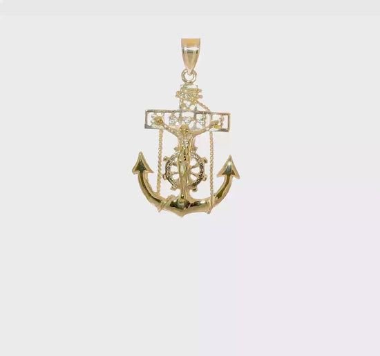 10K yellow gold mariner link crucifix pendant 36 mm video - 10ZC258