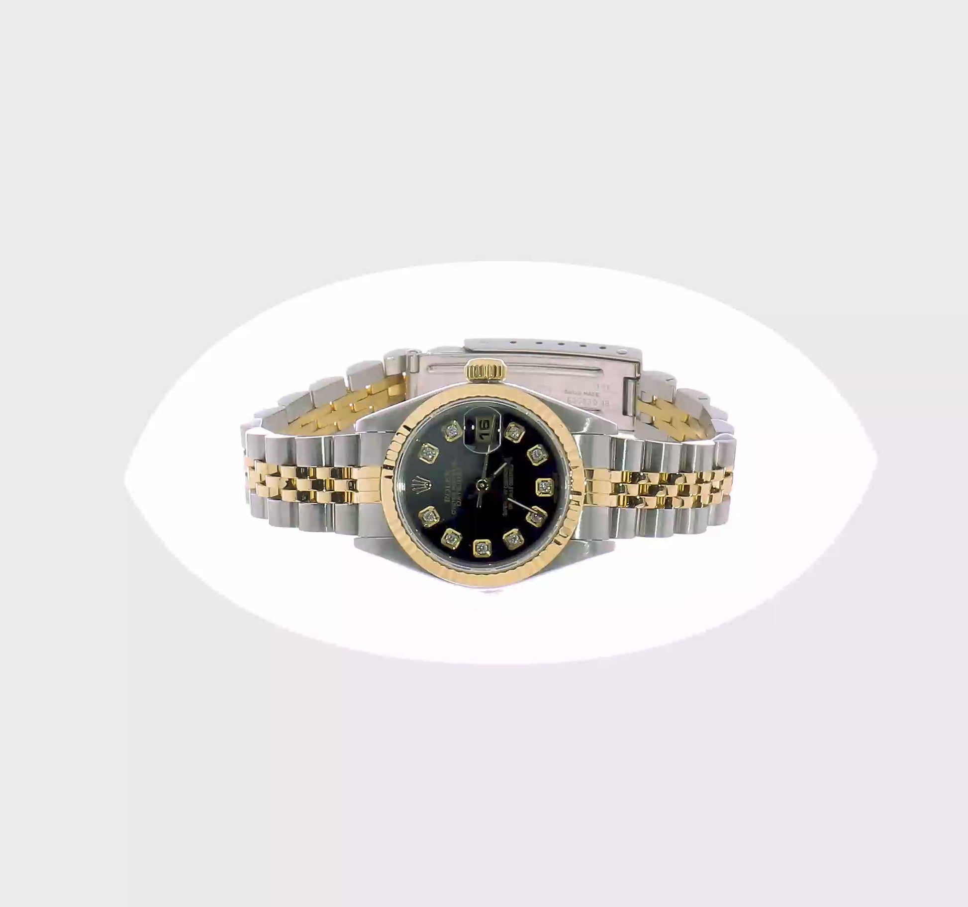Rotating video of the pre-owned Rolex Datejust 26mm two-tone ladies watch with black diamond dial