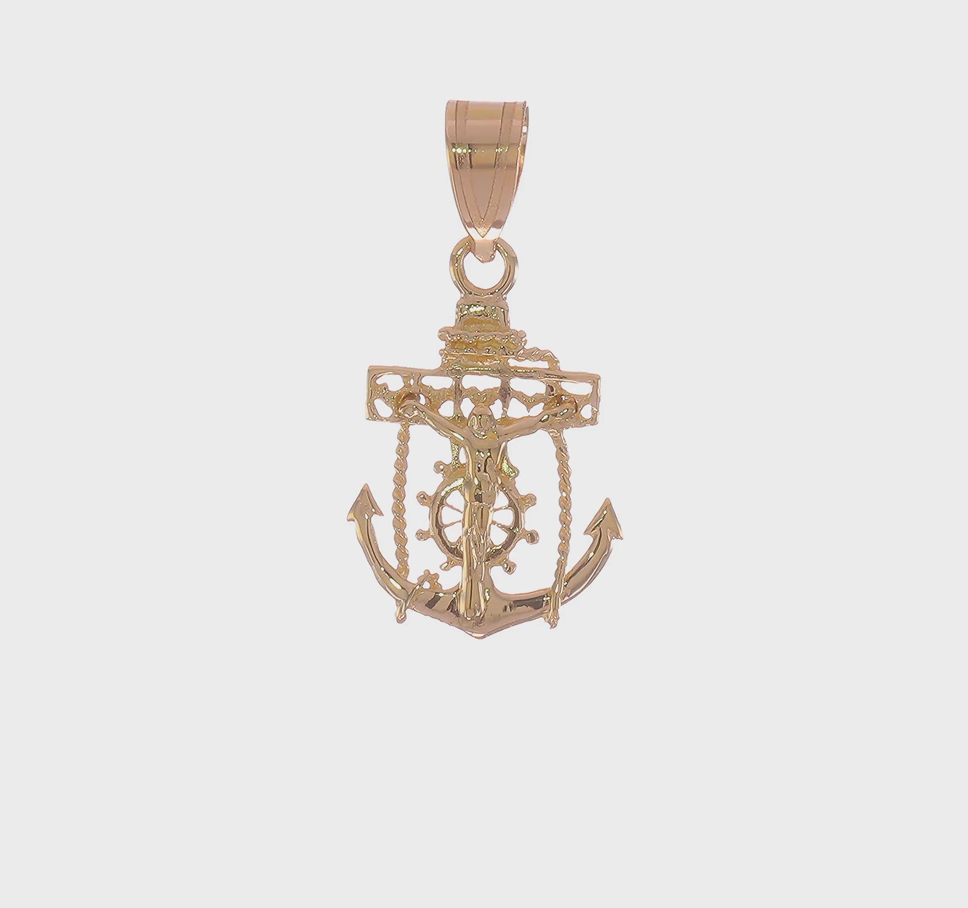 14K yellow gold mariner link cross pendant 26 mm video - C809