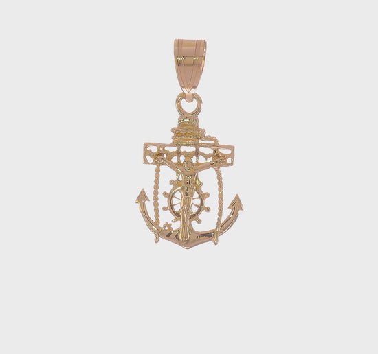 14K yellow gold mariner link cross pendant 26 mm video - C809